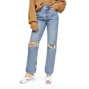 Topshop Light Blue Ripped Straight Leg Jeans